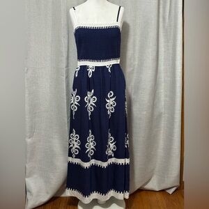 NWT Pretty Garden Smocked Sun Dress-Blue/White-Adj Straps-Pockets-Sz M-Viscose